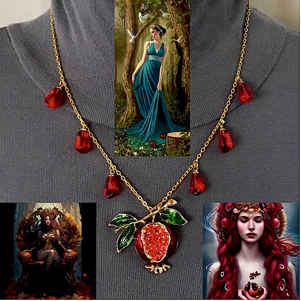 Persephone Greek Goddess Pomegranate and Seeds Handmade Gold & Red Necklace